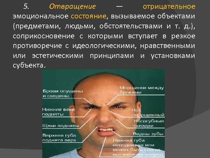 5. Отвращение — отрицательное эмоциональное состояние, вызываемое объектами (предметами, людьми, обстоятельствами и т. д.