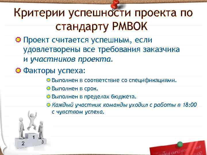 Критерии успешности проекта по стандарту PMBOK Проект считается успешным, если удовлетворены все требования заказчика