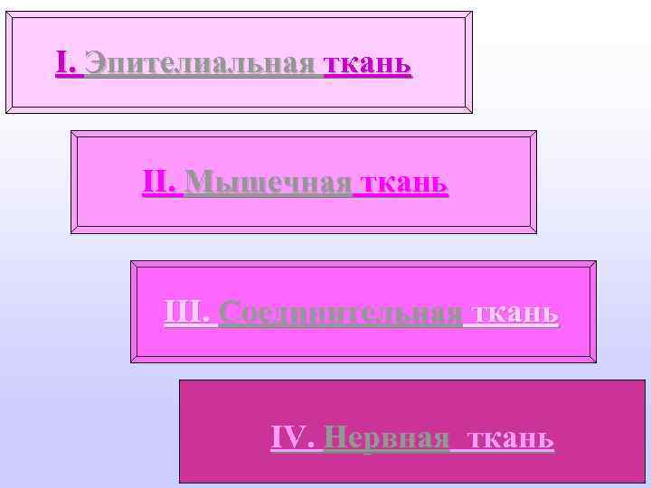 I. Эпителиальная ткань II. Мышечная ткань III. Соединительная ткань IV. Нервная ткань 