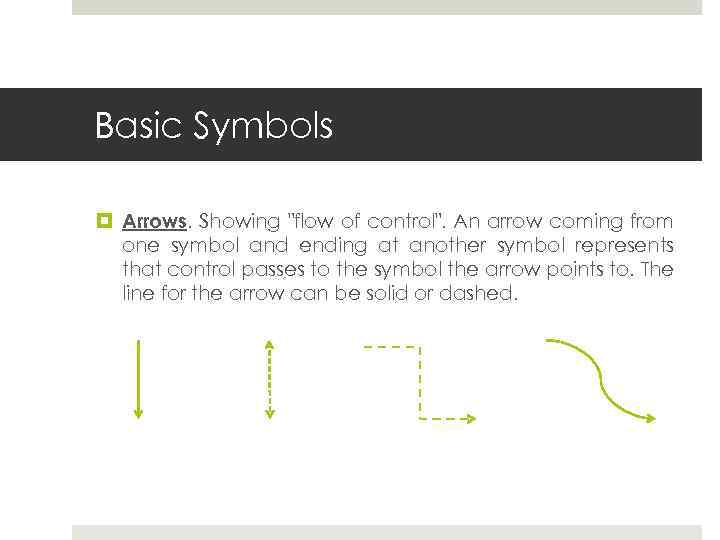 Basic Symbols Arrows. Showing "flow of control". An arrow coming from one symbol and