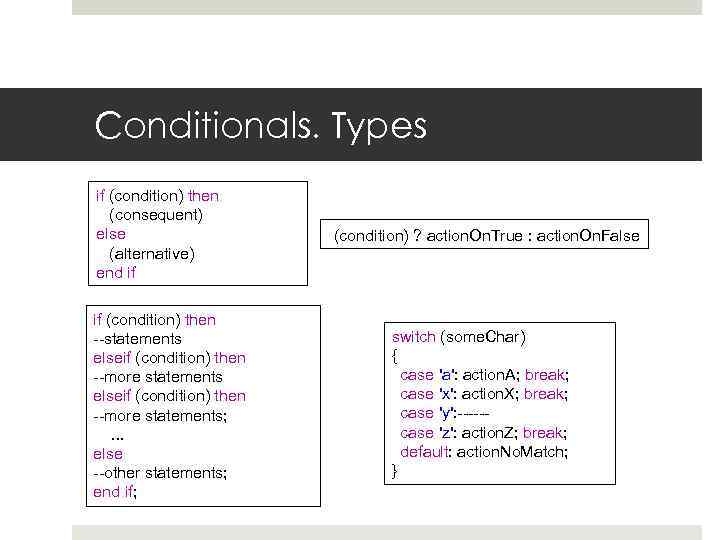 Conditionals. Types if (condition) then (consequent) else (alternative) end if if (condition) then --statements