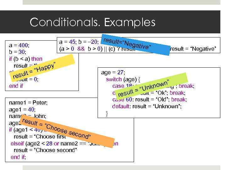 Conditionals. Examples a = 400; b = 30; if (b < a) then result