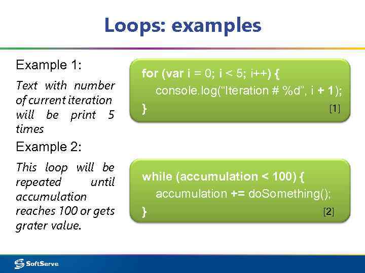 Loops: examples Example 1: Text with number of current iteration will be print 5