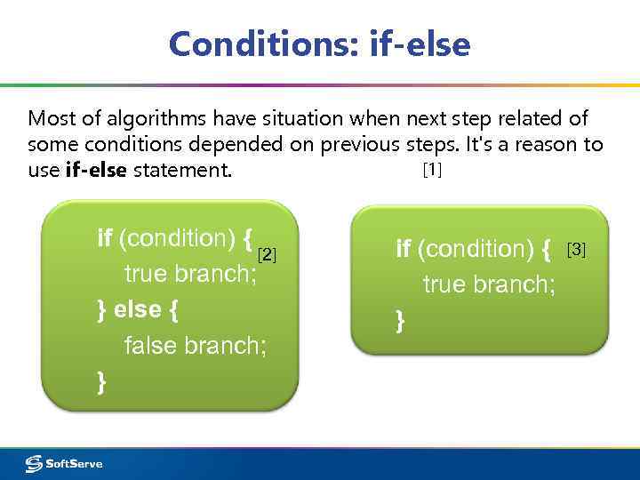 Conditions: if-else Most of algorithms have situation when next step related of some conditions