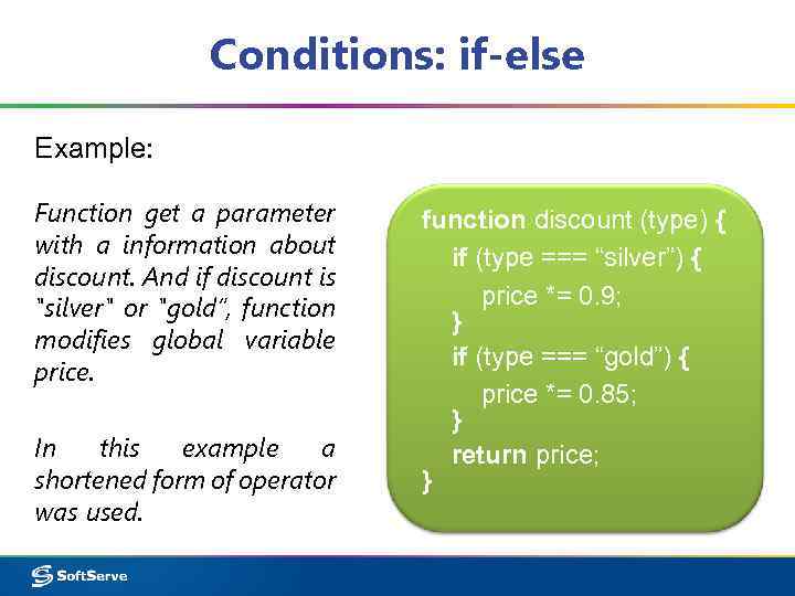 Conditions: if-else Example: Function get a parameter with a information about discount. And if