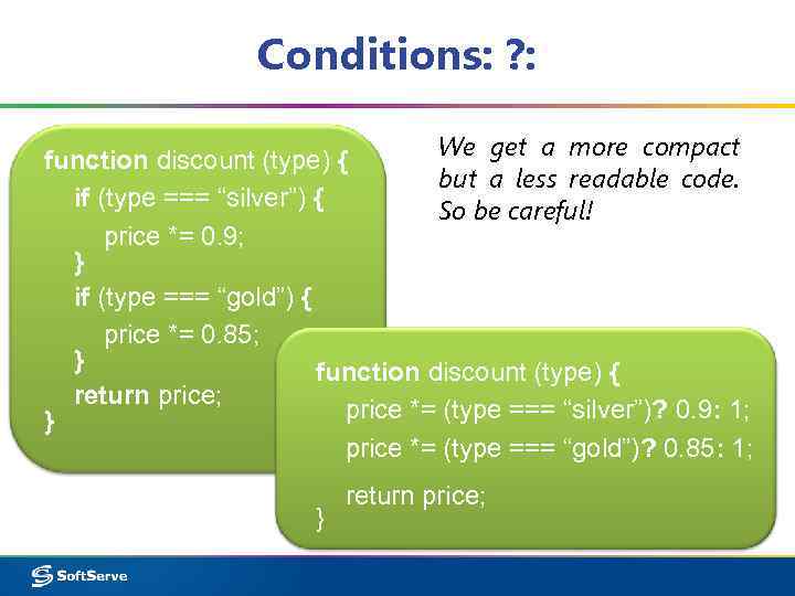 Conditions: ? : We get a more compact function discount (type) { but a