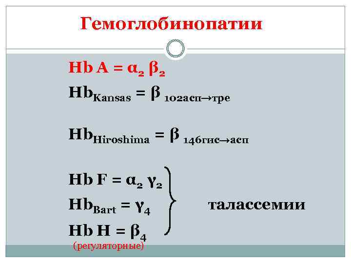 Гемоглобинопатии Hb A = α 2 β 2 Hb. Kansas = β 102 асп→тре