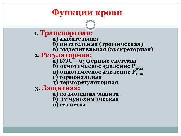 Функции крови 1. Транспортная: а) дыхательная б) питательная (трофическая) в) выделительная (экскреторная) 2. Регуляторная: