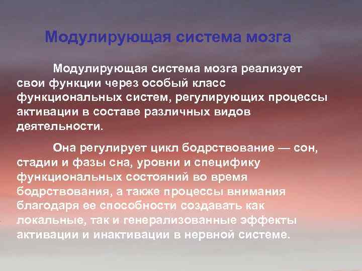 Модулирующая система мозга реализует свои функции через особый класс функциональных систем, регулирующих процессы активации