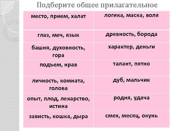 Подберите общее прилагательное место, прием, халат логика, маска, воля глаз, меч, язык древность, борода