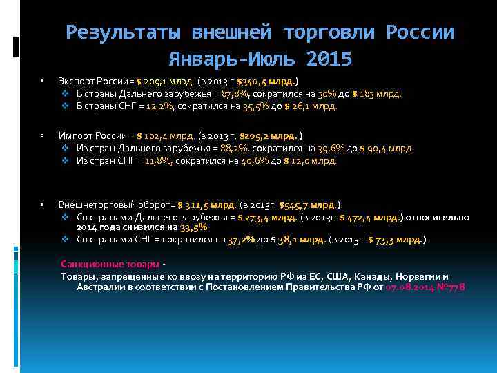 Результаты внешней торговли России Январь-Июль 2015 Экспорт России= $ 209, 1 млрд. (в 2013