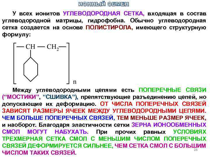ИОННЫЙ ОБМЕН У всех ионитов УГЛЕВОДОРОДНАЯ СЕТКА, входящая в состав углеводородной матрицы, гидрофобна. Обычно