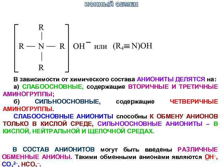 Ионный обмен. Анионит. Сильноосновные и слабоосновные аниониты. Аниониты примеры.