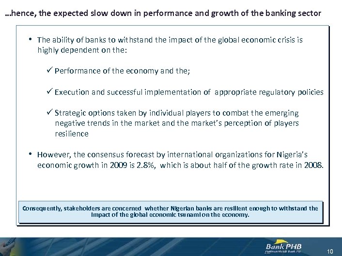 …hence, the expected slow down in performance and growth of the banking sector •
