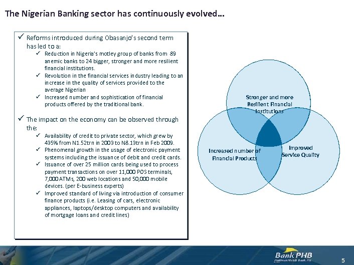 The Nigerian Banking sector has continuously evolved… ü Reforms introduced during Obasanjo’s second term