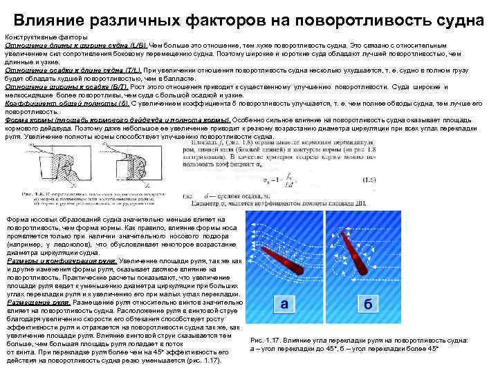 Влияние различных факторов на поворотливость судна Конструктивные факторы Отношение длины к ширине судна (L/B).