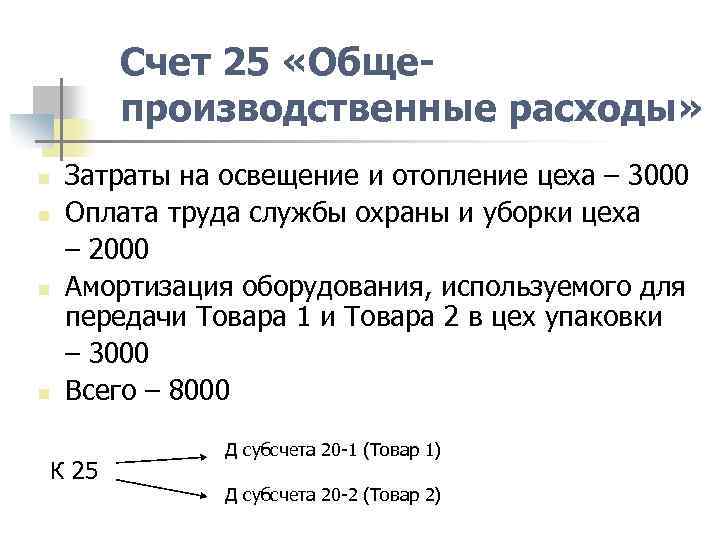 Счет 25 «Общепроизводственные расходы» Затраты на освещение и отопление цеха – 3000 n Оплата