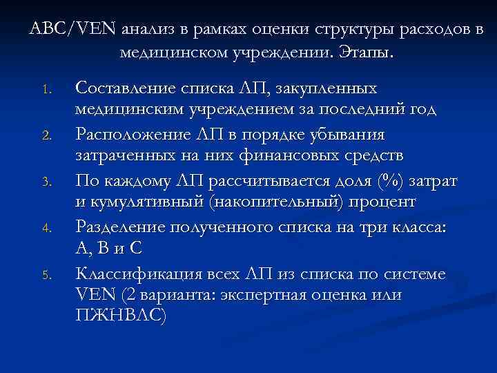 АВС/VEN анализ в рамках оценки структуры расходов в медицинском учреждении. Этапы. 1. 2. 3.
