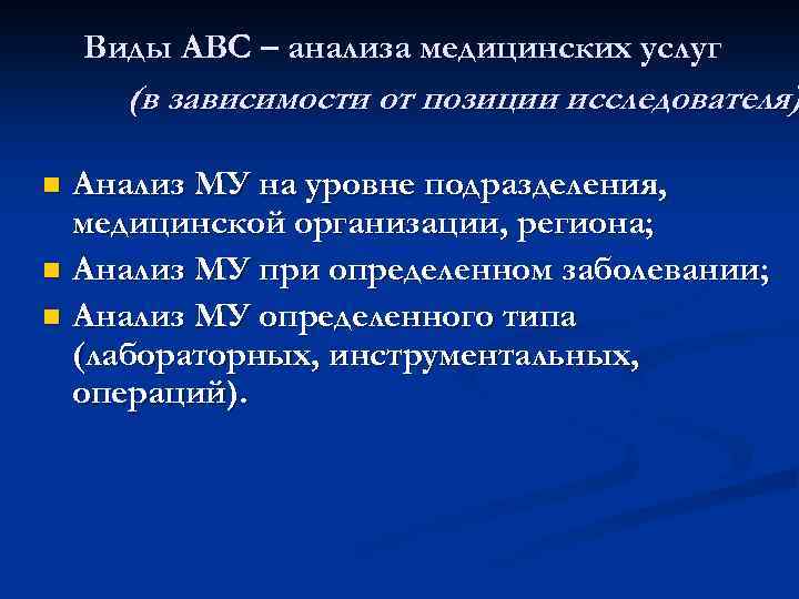 Виды АВС – анализа медицинских услуг (в зависимости от позиции исследователя) Анализ МУ на