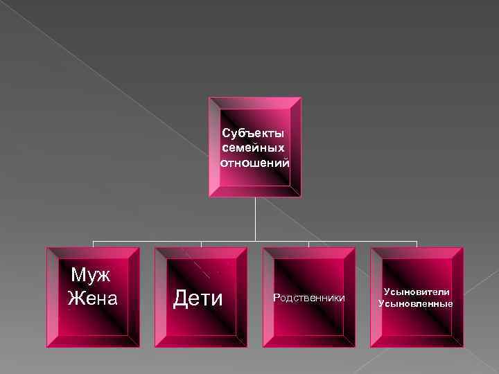 Субъекты семейных отношений Муж Жена Дети Родственники Усыновители Усыновленные 