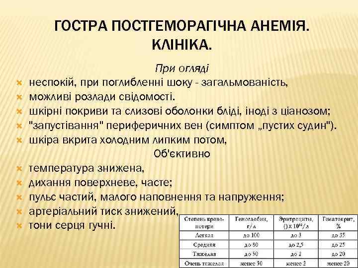 ГОСТРА ПОСТГЕМОРАГІЧНА АНЕМІЯ. КЛІНІКА. При огляді неспокій, при поглибленні шоку - загальмованість, можливі розлади