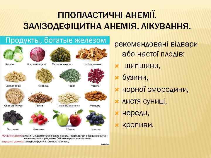 ГІПОПЛАСТИЧНІ АНЕМІЇ. ЗАЛІЗОДЕФІЦИТНА АНЕМІЯ. ЛІКУВАННЯ. рекомендовані відвари або настої плодів: шипшини, бузини, чорної смородини,