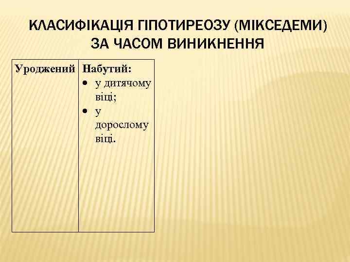 КЛАСИФІКАЦІЯ ГІПОТИРЕОЗУ (МІКСЕДЕМИ) ЗА ЧАСОМ ВИНИКНЕННЯ Уроджений Набутий: у дитячому віці; у дорослому віці.