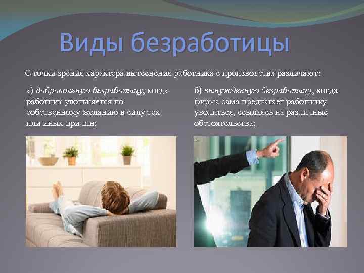 Виды безработицы С точки зрения характера вытеснения работника с производства различают: а) добровольную безработицу,