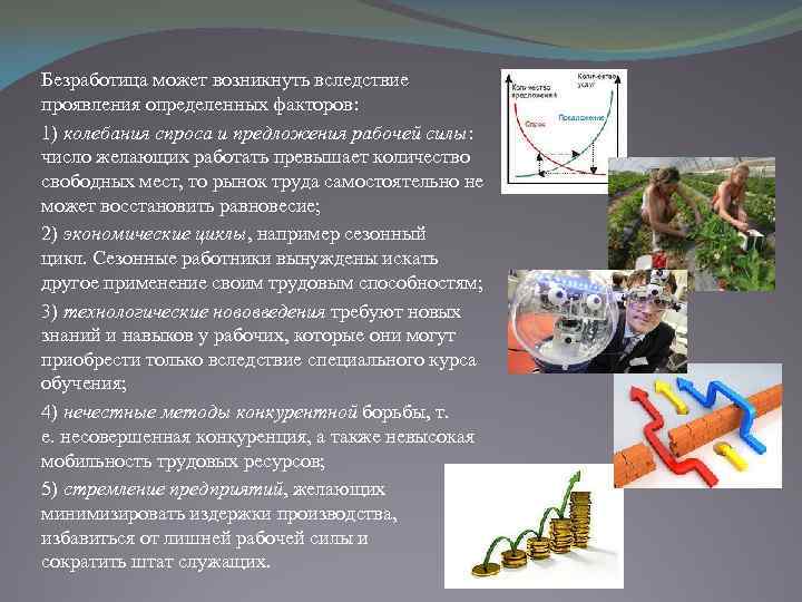 Безработица может возникнуть вследствие проявления определенных факторов: 1) колебания спроса и предложения рабочей силы: