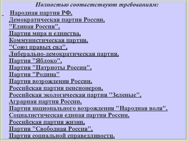 Полностью соответствуют требованиям: Народная партия РФ, Демократическая партия России, 
