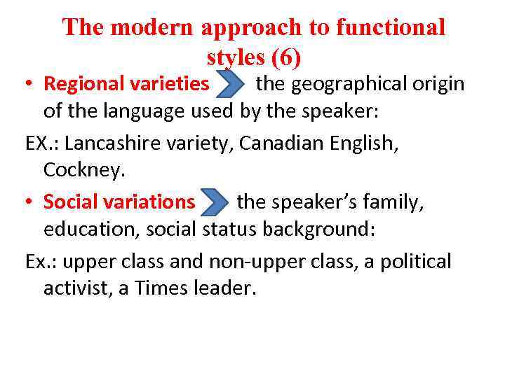 The modern approach to functional styles (6) • Regional varieties the geographical origin of