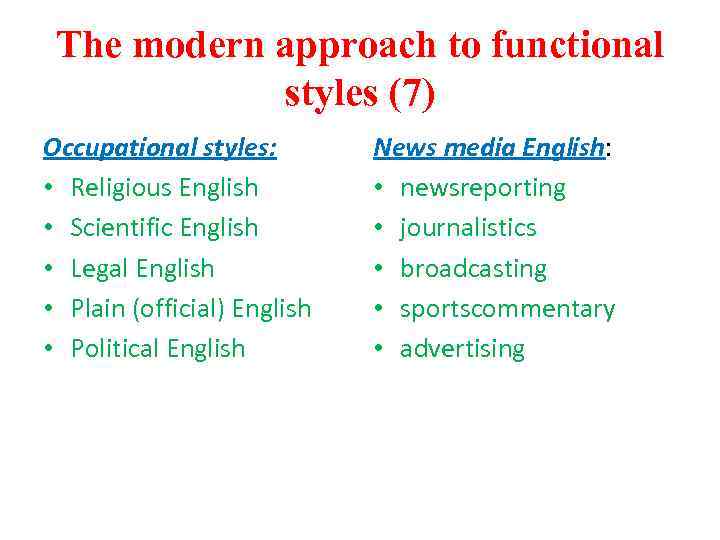 The modern approach to functional styles (7) Occupational styles: • Religious English • Scientific