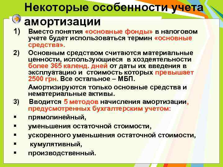 1) 2) 3) § § § Некоторые особенности учета амортизации Вместо понятия «основные фонды»