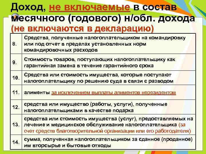 Доход, не включаемые в состав не включаемые месячного (годового) н/обл. дохода (не включаются в