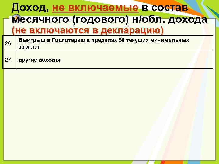 Доход, не включаемые в состав не включаемые месячного (годового) н/обл. дохода (не включаются в