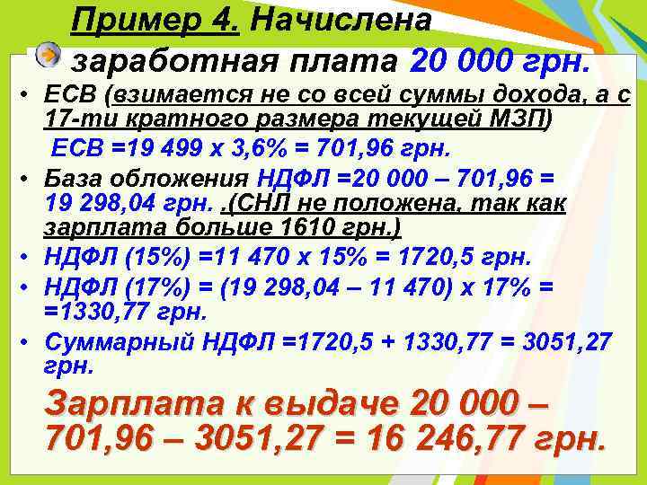 Пример 4. Начислена заработная плата 20 000 грн. • ЕСВ (взимается не со всей