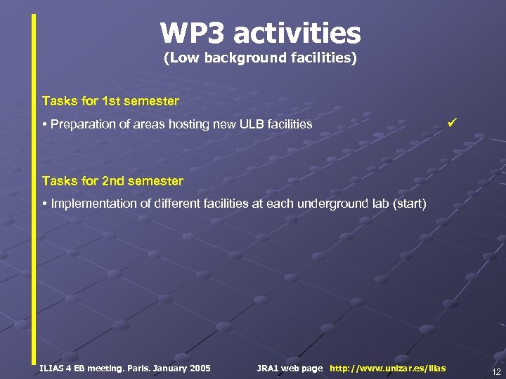WP 3 activities (Low background facilities) Tasks for 1 st semester • Preparation of
