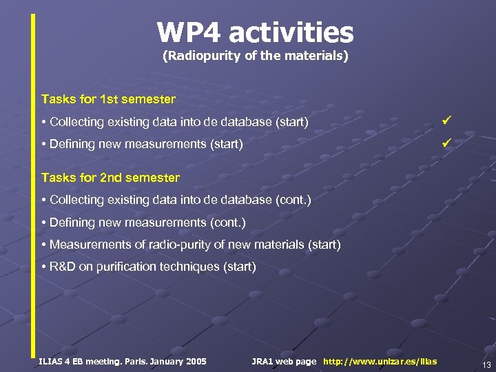 WP 4 activities (Radiopurity of the materials) Tasks for 1 st semester • Collecting