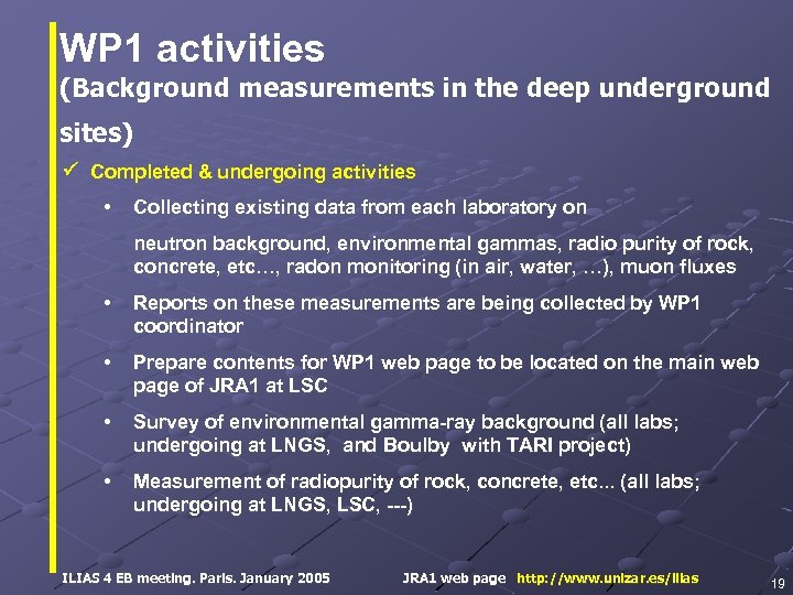 WP 1 activities (Background measurements in the deep underground sites) Completed & undergoing activities