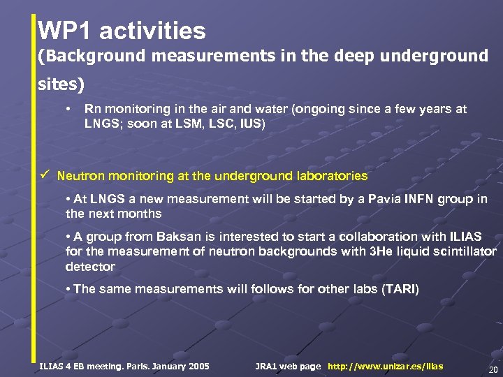 WP 1 activities (Background measurements in the deep underground sites) • Rn monitoring in