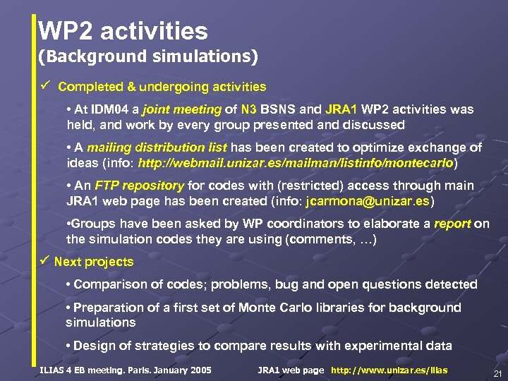 WP 2 activities (Background simulations) Completed & undergoing activities • At IDM 04 a
