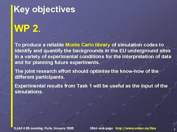 Key objectives WP 2. To produce a reliable Monte Carlo library of simulation codes