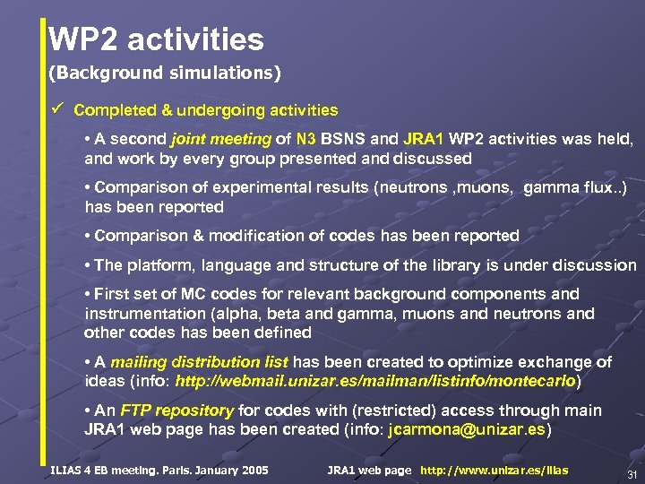 WP 2 activities (Background simulations) Completed & undergoing activities • A second joint meeting