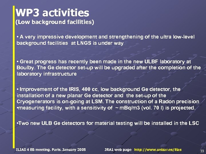WP 3 activities (Low background facilities) • A very impressive development and strengthening of
