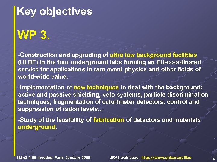 Key objectives WP 3. -Construction and upgrading of ultra low background facilities (ULBF) in