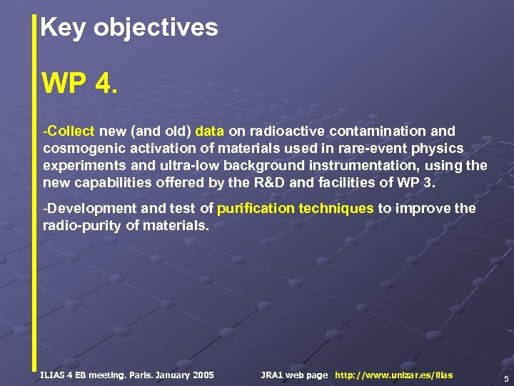 Key objectives WP 4. -Collect new (and old) data on radioactive contamination and cosmogenic