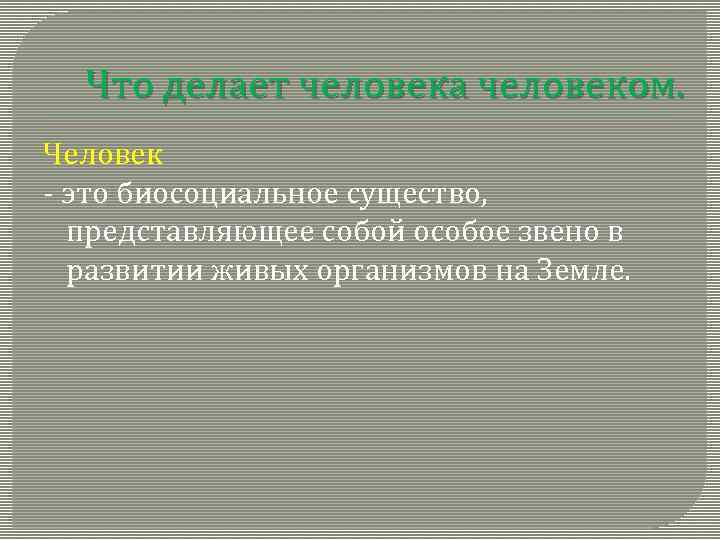 Что делает человека человеком. Человек - это биосоциальное существо, представляющее собой особое звено в