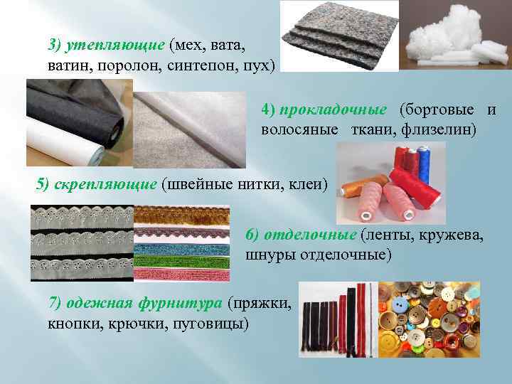 3) утепляющие (мех, вата, ватин, поролон, синтепон, пух) 4) прокладочные (бортовые и волосяные ткани,