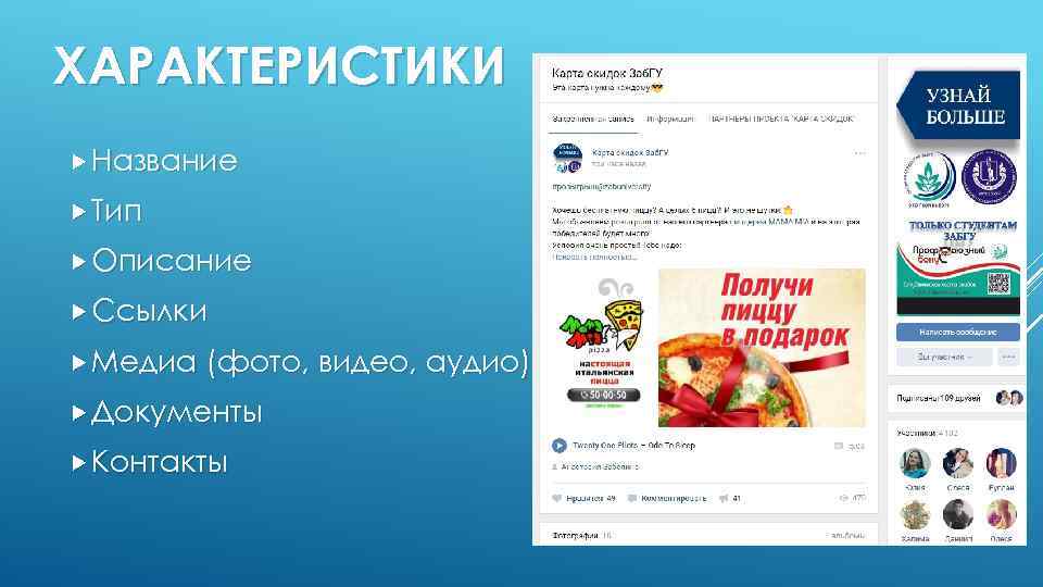 ХАРАКТЕРИСТИКИ Название Тип Описание Ссылки Медиа (фото, видео, аудио) Документы Контакты 