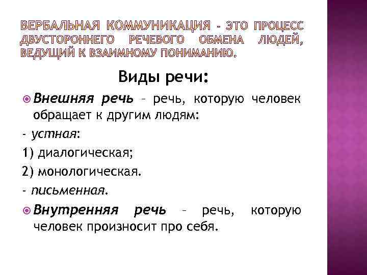 Виды речи: Внешняя речь – речь, которую человек обращает к другим людям: - устная: